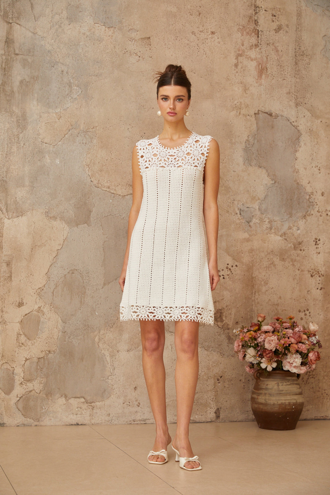 Gisèle white floral-appliqué crochet-knit mini dress - Celestia Couture