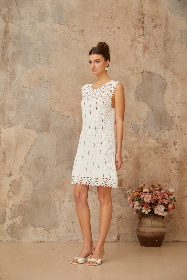 Gisèle white floral-appliqué crochet-knit mini dress - Celestia Couture