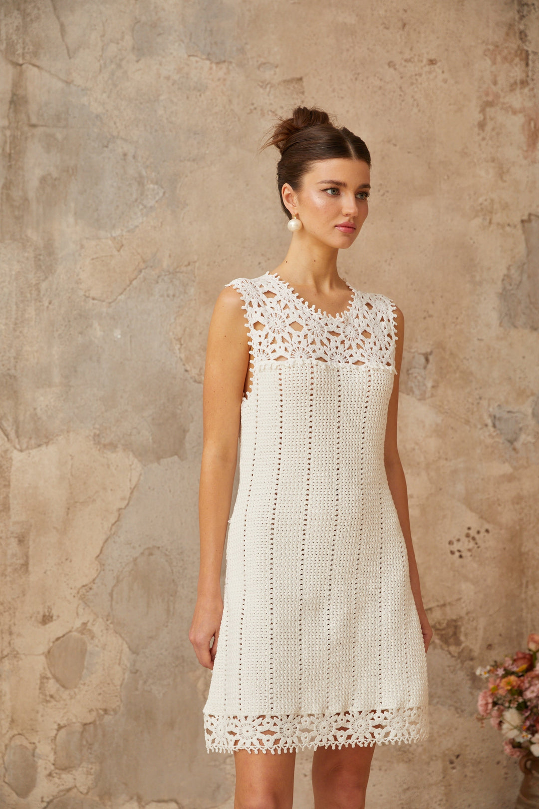 Gisèle white floral-appliqué crochet-knit mini dress - Celestia Couture
