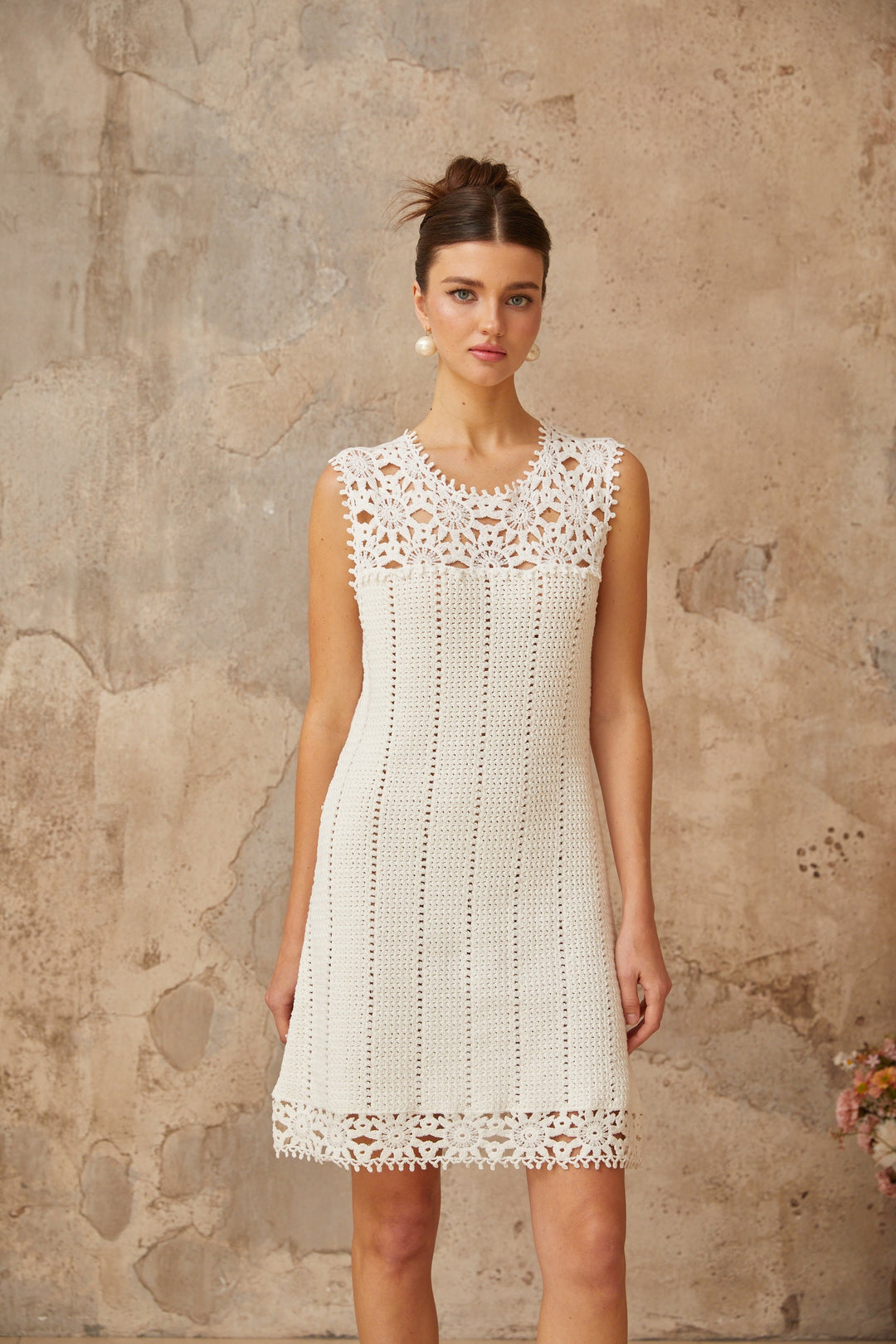 Gisèle white floral-appliqué crochet-knit mini dress - Celestia Couture