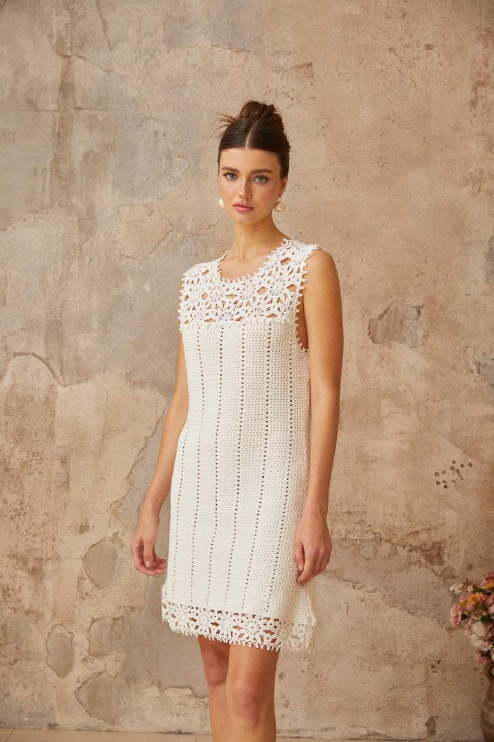 Gisèle white floral-appliqué crochet-knit mini dress - Celestia Couture