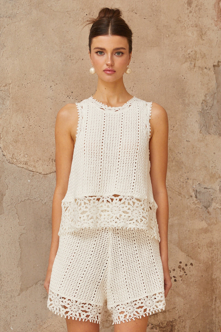 Gisèle White Floral Appliqué Crochet Knit Two-Piece Top and Shorts Set - Celestia Couture