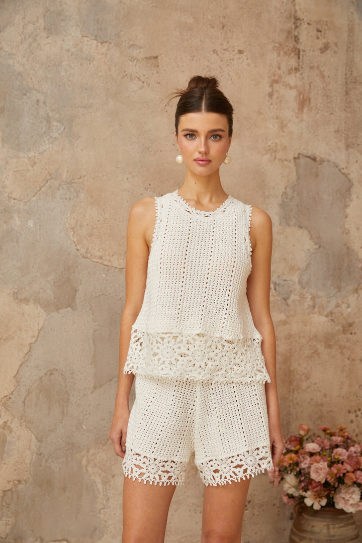 Gisèle White Floral Appliqué Crochet Knit Two-Piece Top and Shorts Set - Celestia Couture