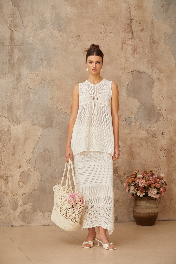 Irène White Cutout Crochet Knit Two-Piece Top and Skirt - Celestia Couture