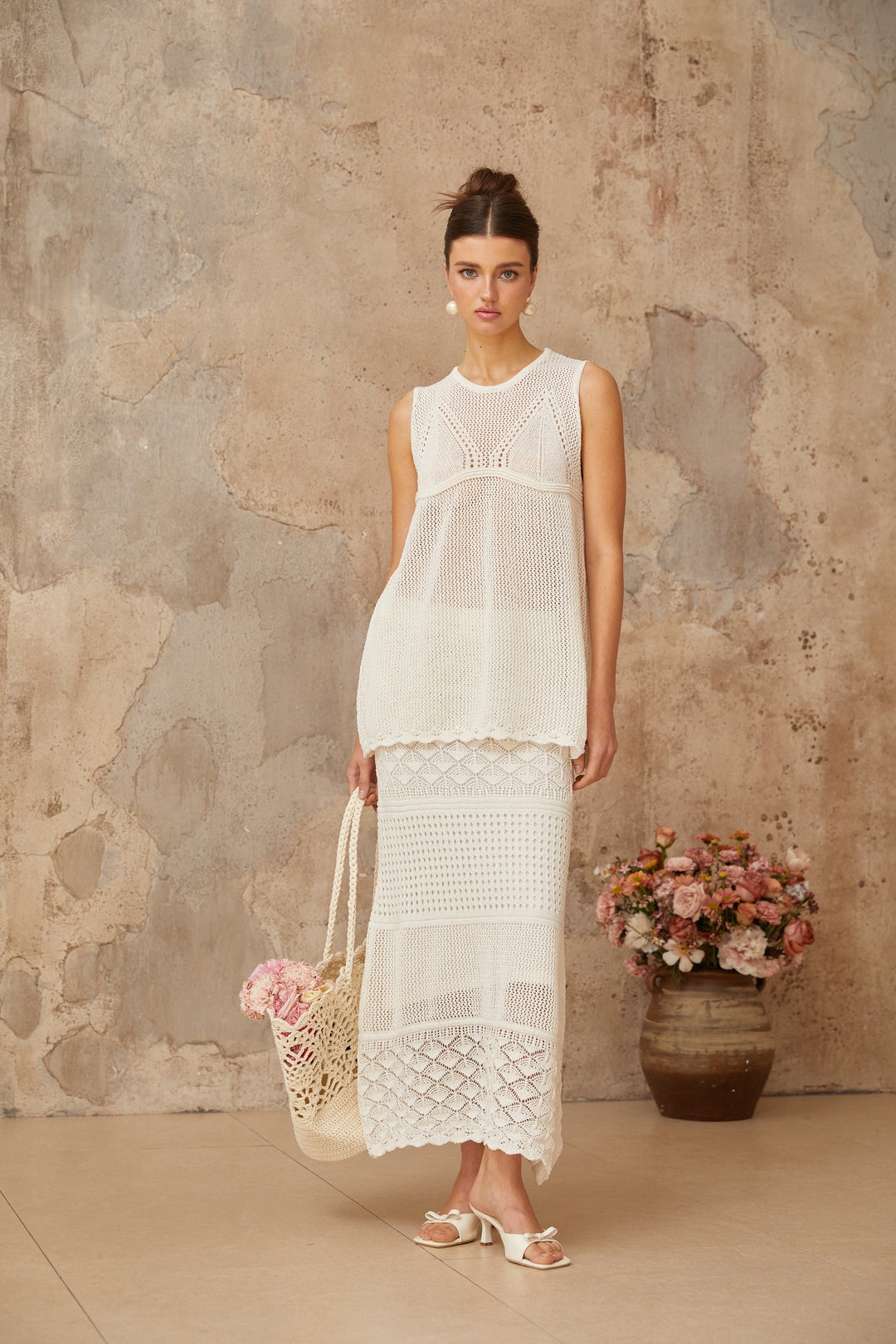 Irène White Cutout Crochet Knit Two-Piece Top and Skirt - Celestia Couture