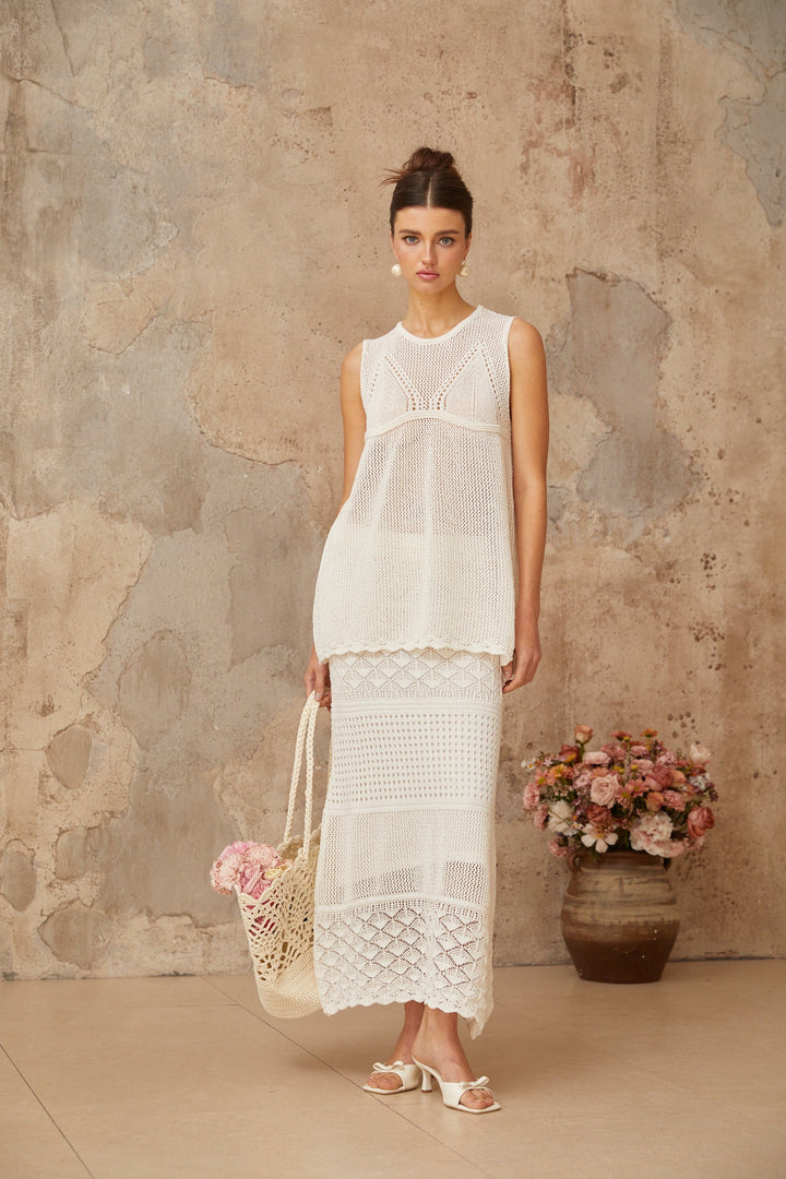 Irène White Cutout Crochet Knit Two-Piece Top and Skirt - Celestia Couture
