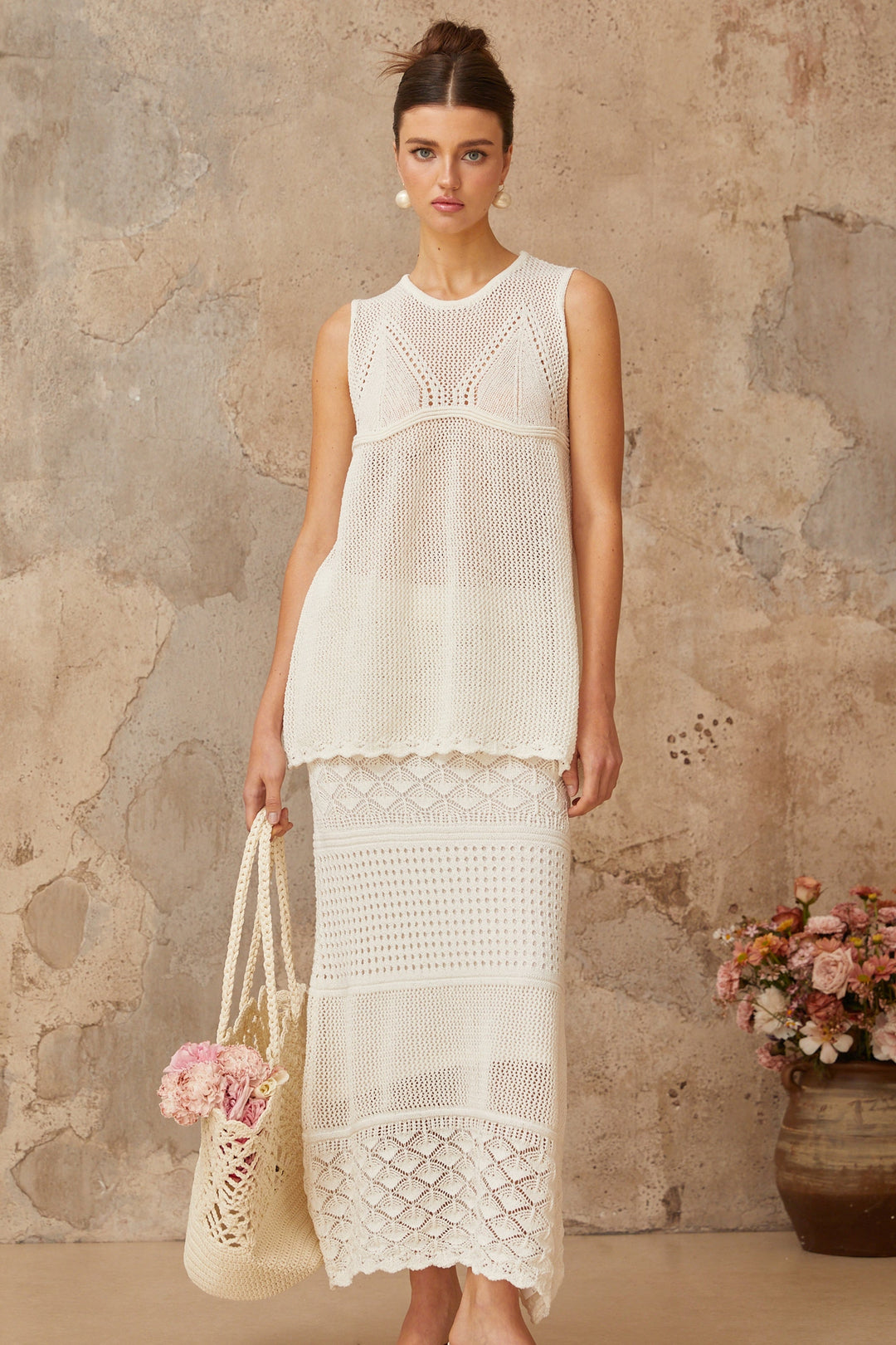 Irène White Cutout Crochet Knit Two-Piece Top and Skirt - Celestia Couture