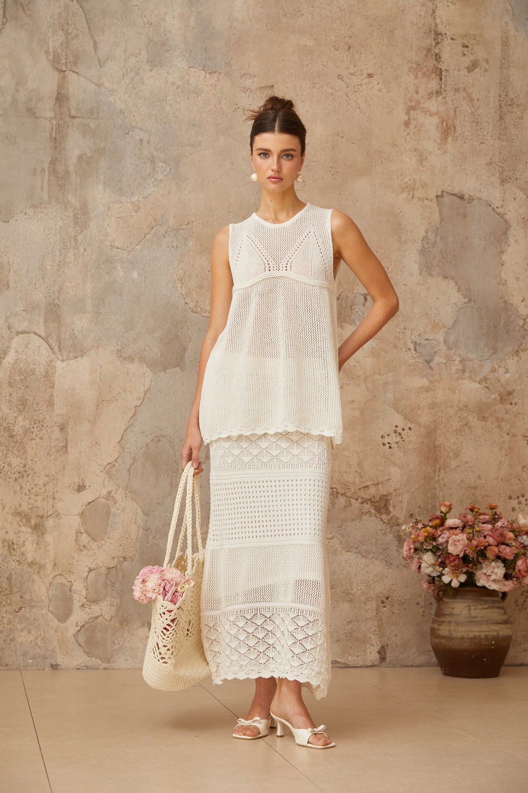 Irène White Cutout Crochet Knit Two-Piece Top and Skirt - Celestia Couture