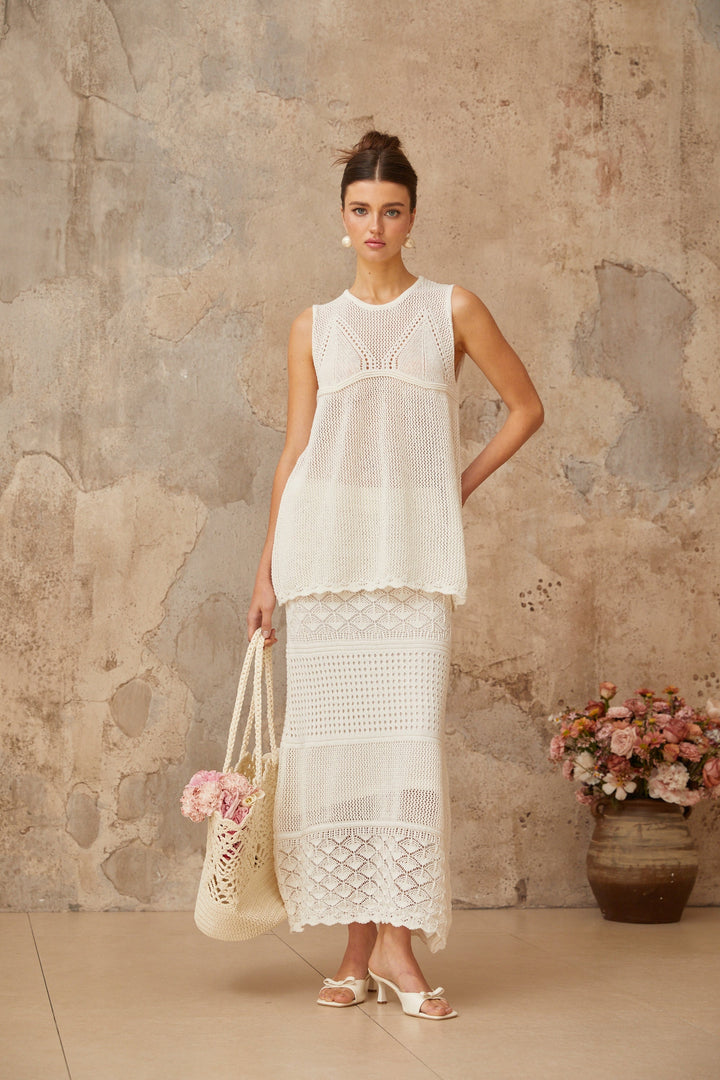 Irène White Cutout Crochet Knit Two-Piece Top and Skirt - Celestia Couture