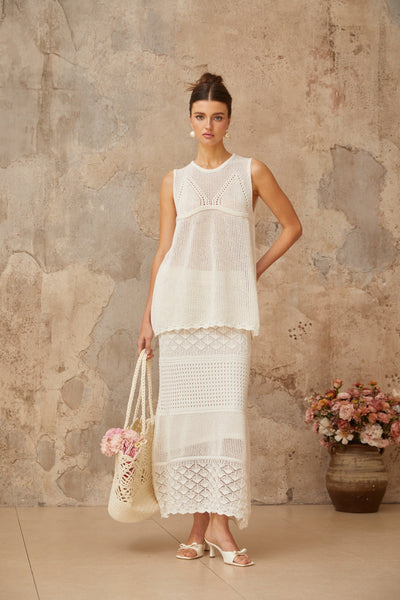 Irène White Cutout Crochet Knit Two-Piece Top and Skirt