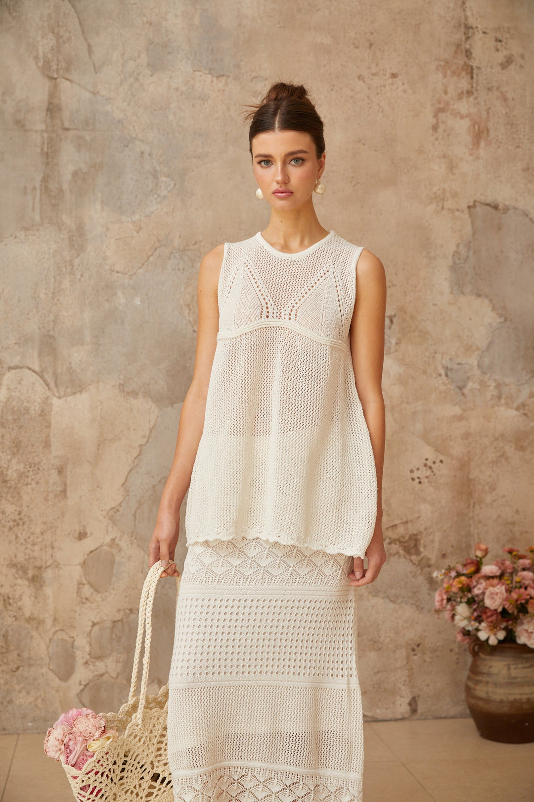 Irène White Cutout Crochet Knit Two-Piece Top and Skirt - Celestia Couture
