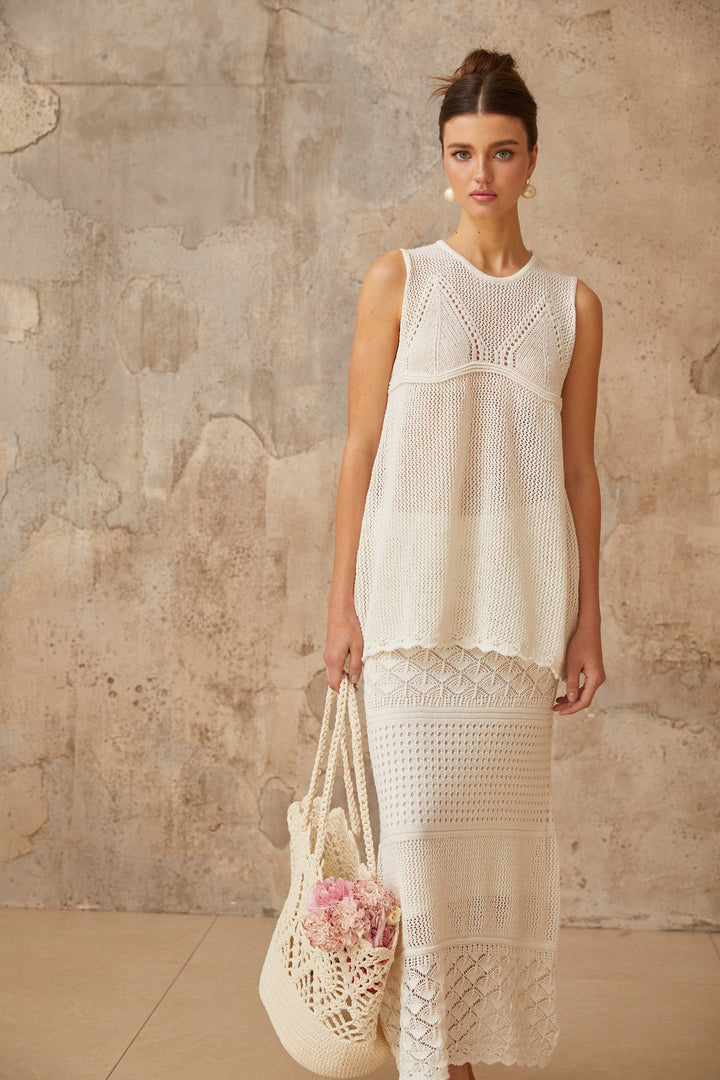 Irène White Cutout Crochet Knit Two-Piece Top and Skirt - Celestia Couture