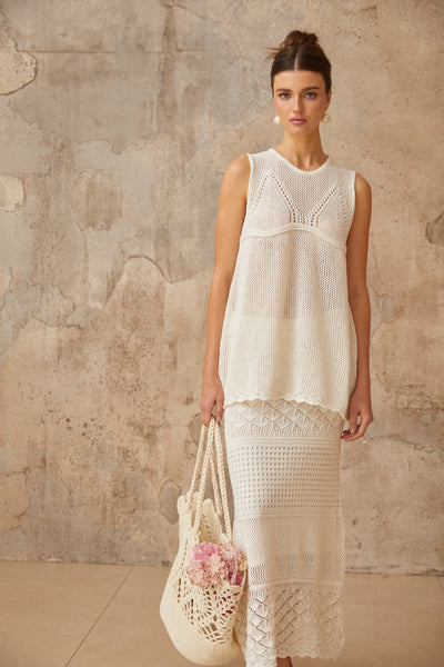 Irène White Cutout Crochet Knit Two-Piece Top and Skirt