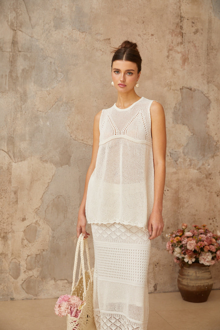 Irène White Cutout Crochet Knit Two-Piece Top and Skirt - Celestia Couture