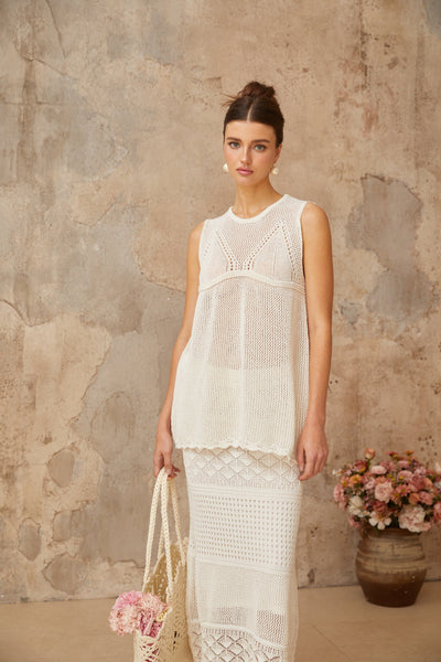 Irène White Cutout Crochet Knit Two-Piece Top and Skirt