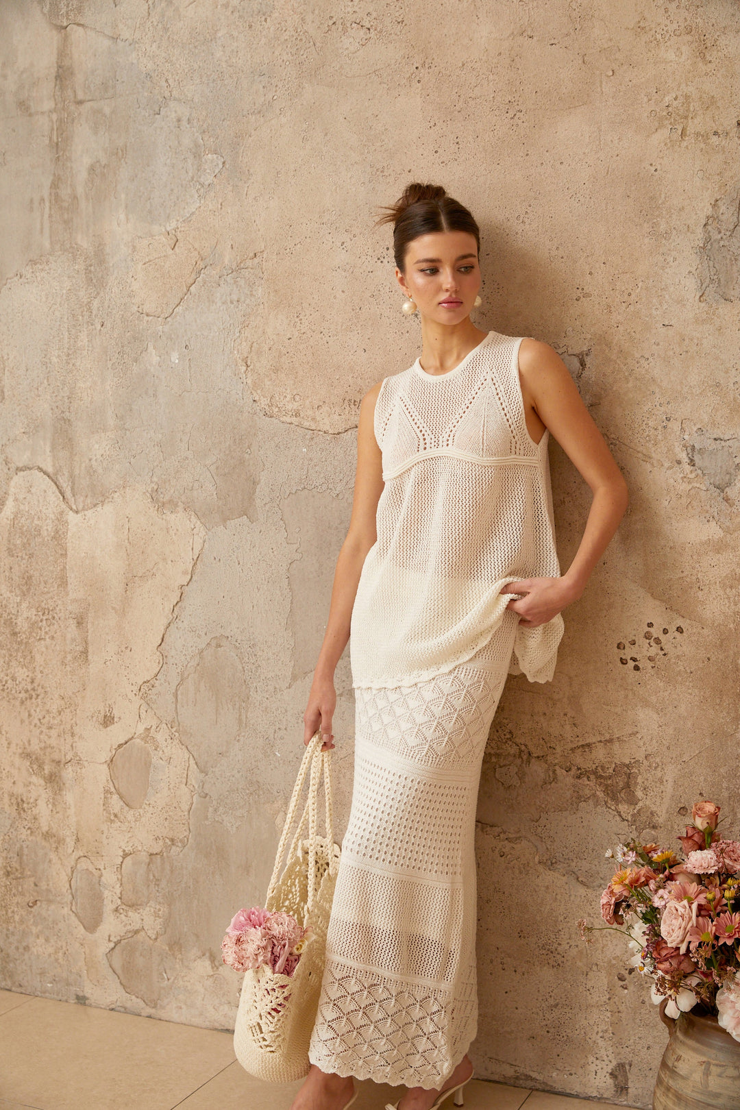 Irène White Cutout Crochet Knit Two-Piece Top and Skirt - Celestia Couture