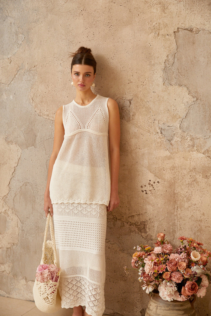 Irène White Cutout Crochet Knit Two-Piece Top and Skirt - Celestia Couture