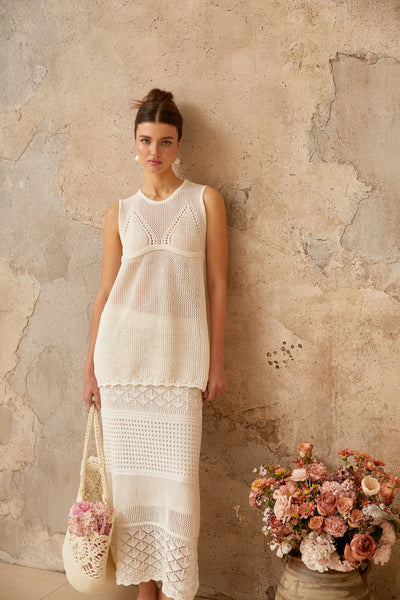 Irène White Cutout Crochet Knit Two-Piece Top and Skirt