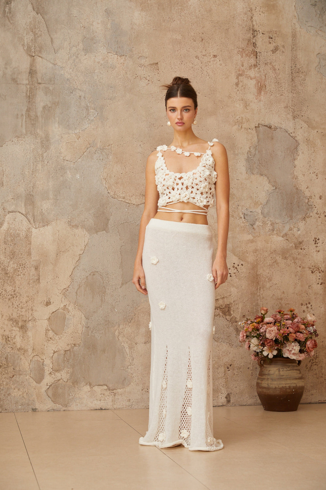 Pauline white floral appliqué top & skirt matching set