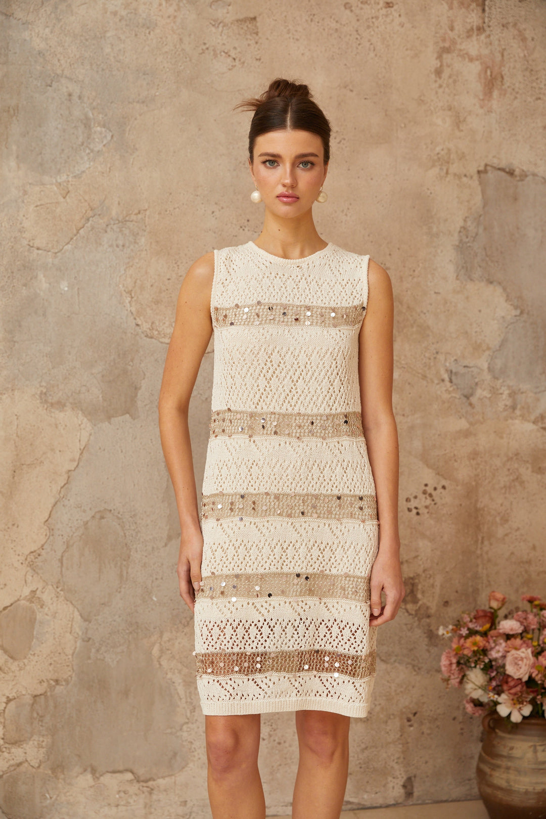 Colette off-white sequined crochet-knit mini dress - Celestia Couture