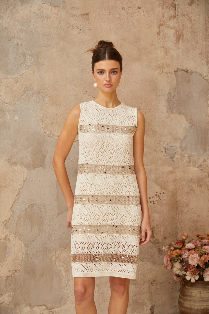 Colette off-white sequined crochet-knit mini dress - Celestia Couture