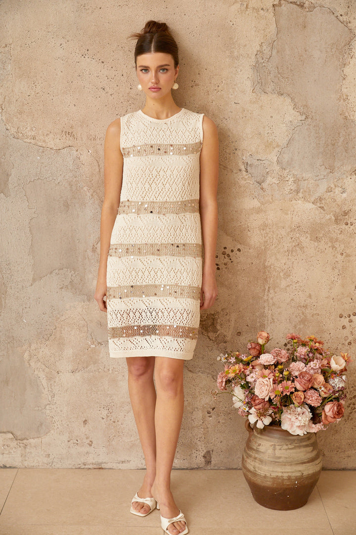 Colette off-white sequined crochet-knit mini dress - Celestia Couture
