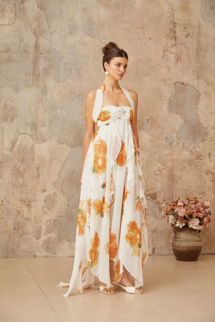 Mariah White Floral Print Ruffled Tulle Maxi Dress