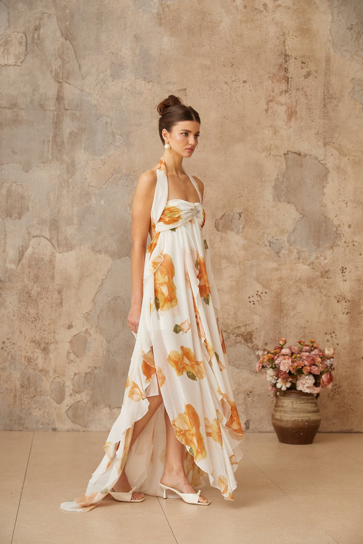 Mariah White Floral Print Ruffled Tulle Maxi Dress