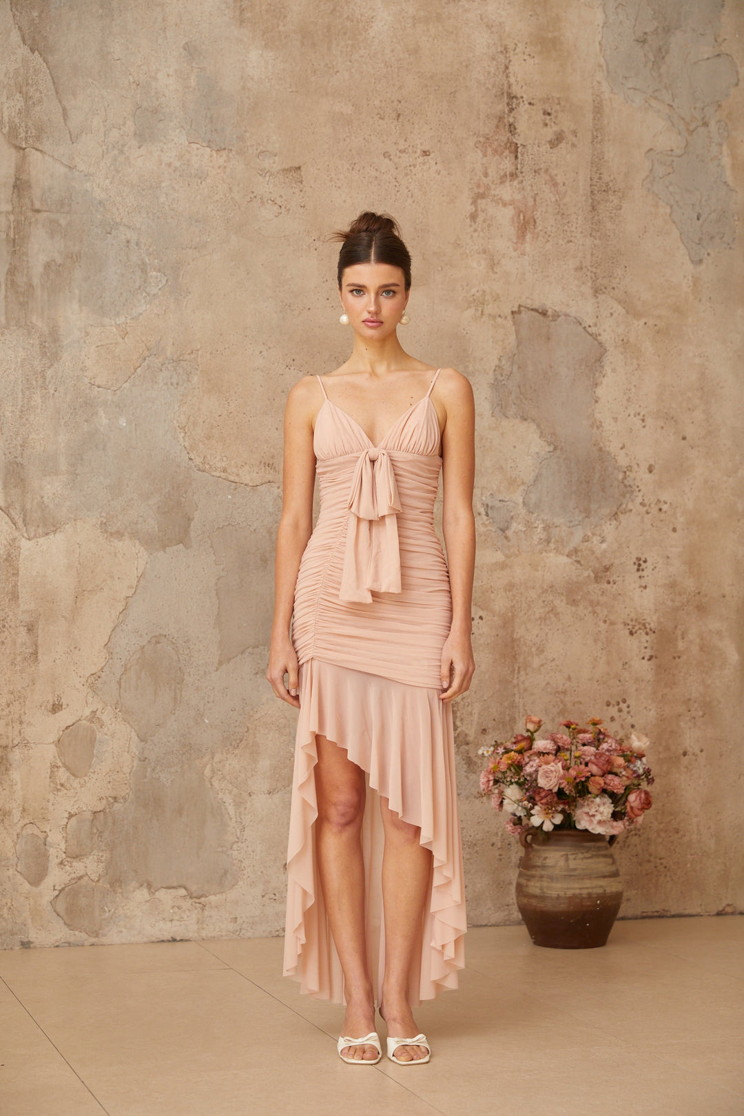 Giada Pink Asymmetrical Ruched Midi Dress - Celestia Couture
