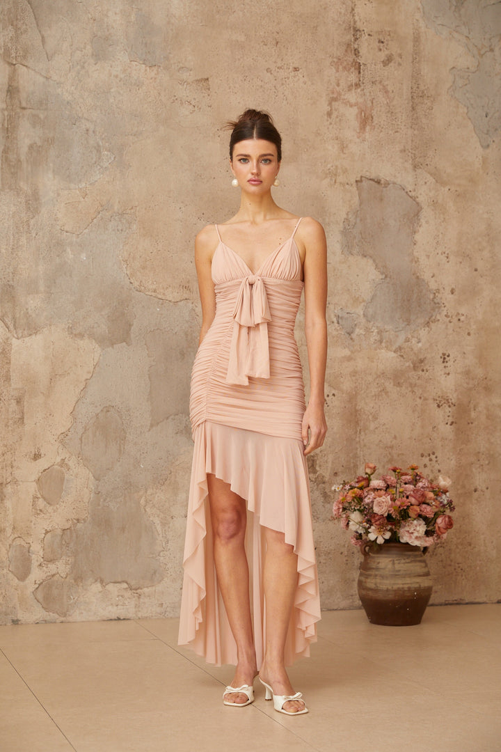 Giada Pink Asymmetrical Ruched Midi Dress - Celestia Couture