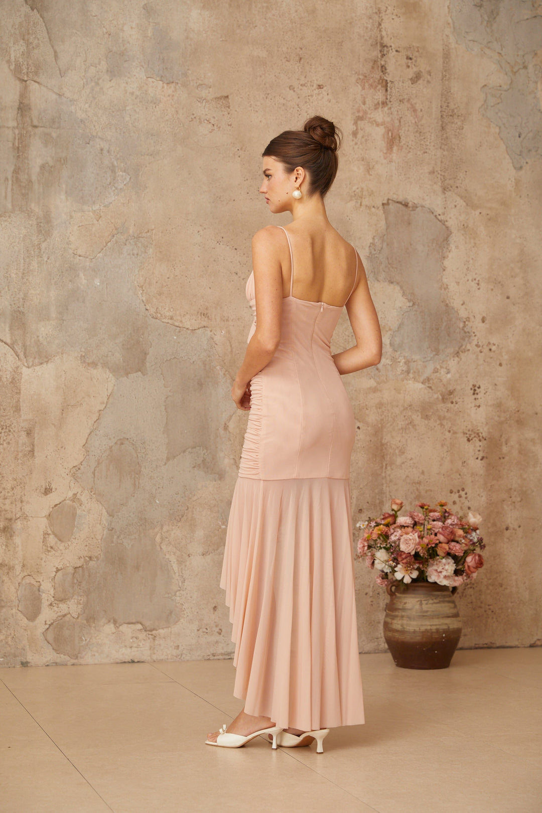 Giada Pink Asymmetrical Ruched Midi Dress - Celestia Couture