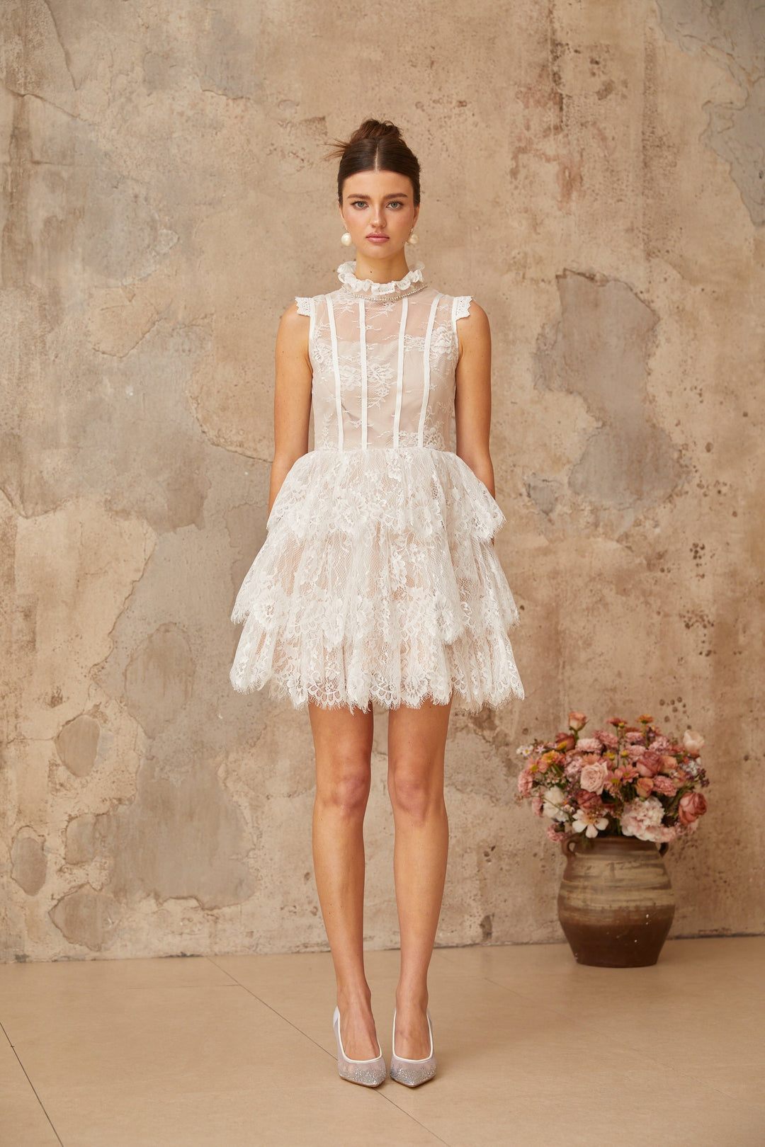 Thérèse white embellished floral-lace tiered mini dress - Celestia Couture