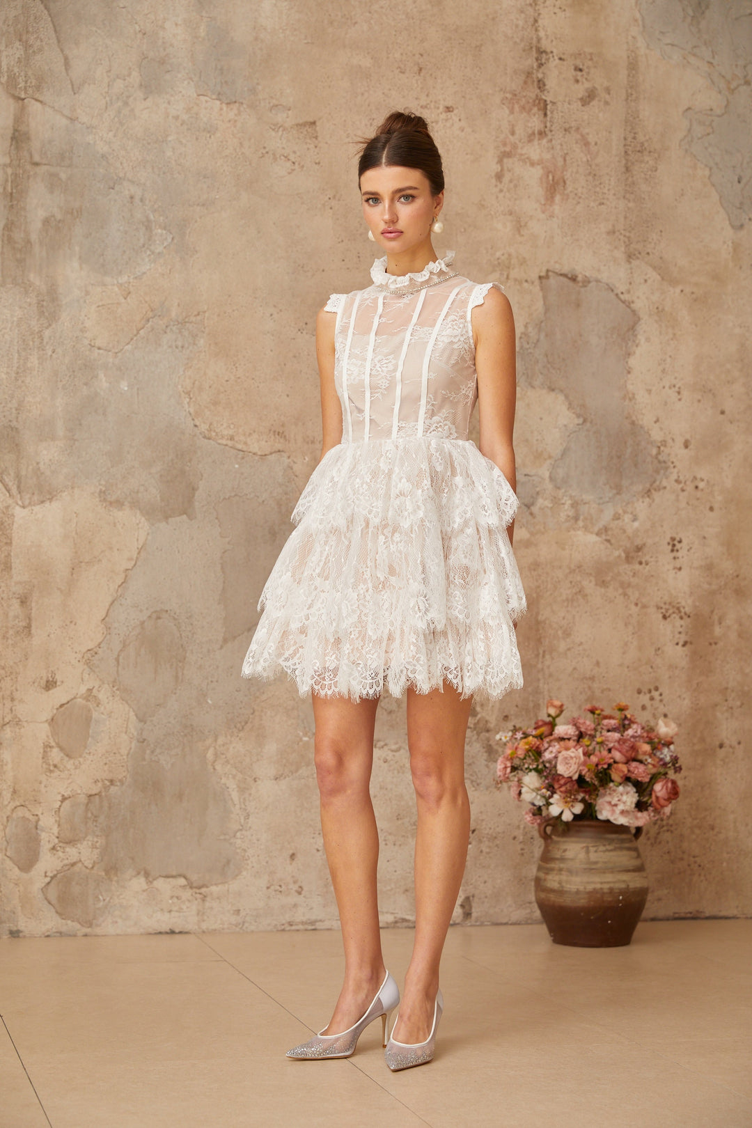 Thérèse white embellished floral-lace tiered mini dress - Celestia Couture