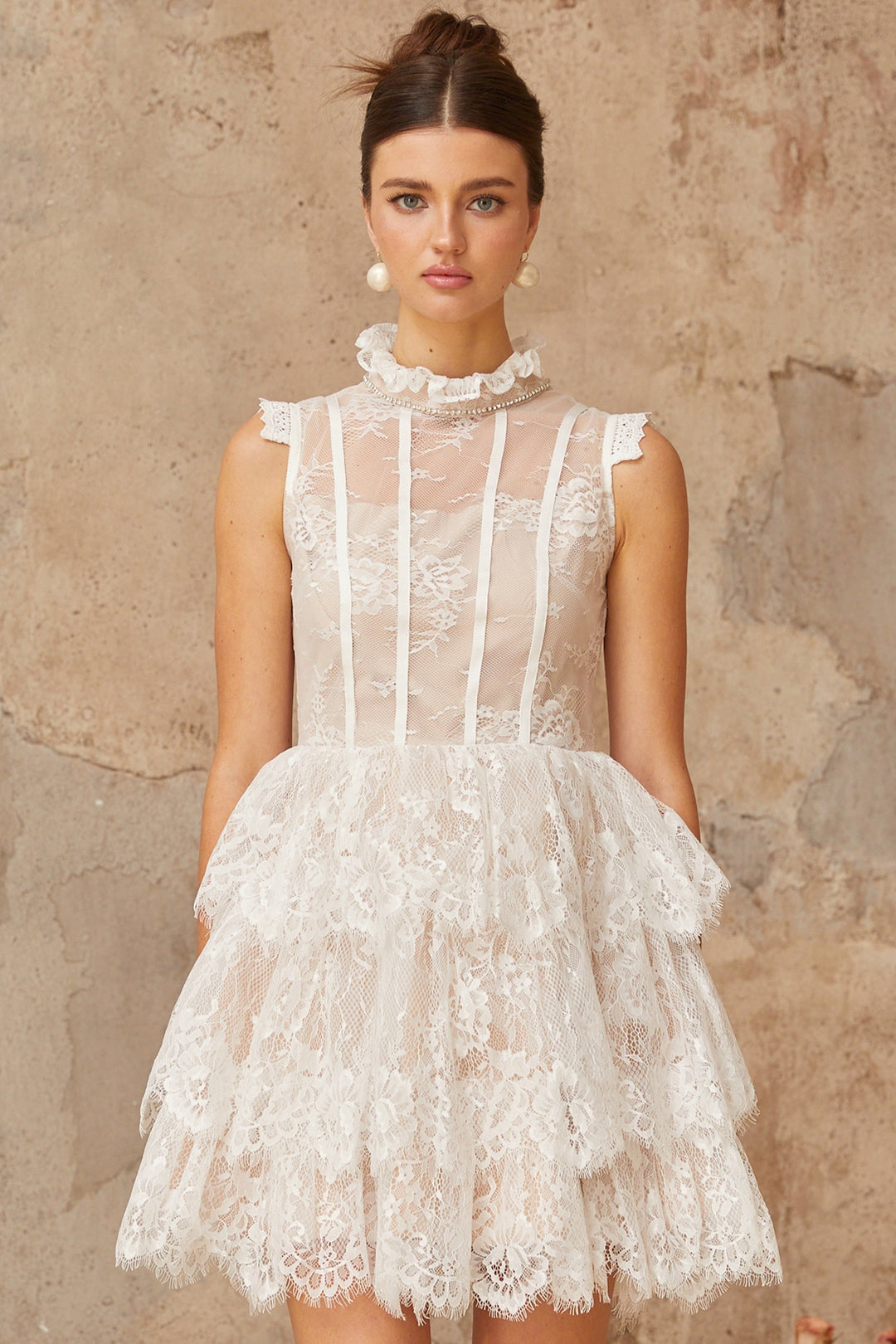 Thérèse white embellished floral-lace tiered mini dress - Celestia Couture