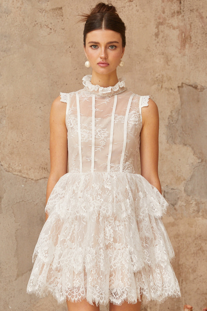 Thérèse white embellished floral-lace tiered mini dress - Celestia Couture