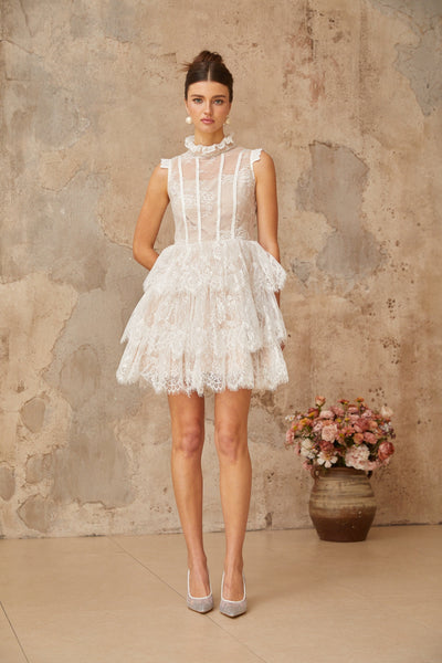 Thérèse white embellished floral-lace tiered mini dress