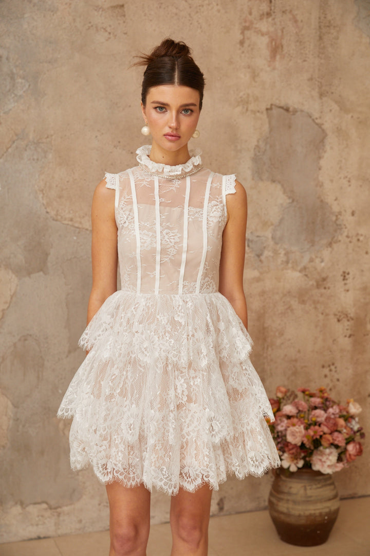 Thérèse white embellished floral-lace tiered mini dress - Celestia Couture