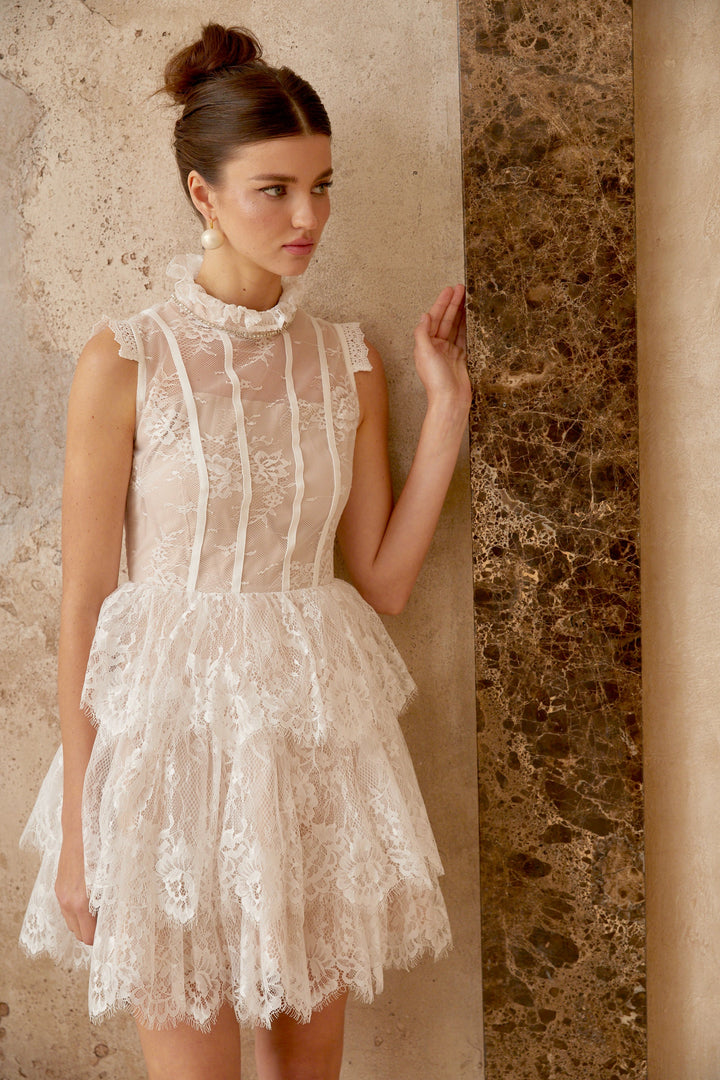 Thérèse white embellished floral-lace tiered mini dress - Celestia Couture