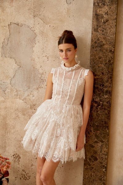 Thérèse white embellished floral-lace tiered mini dress