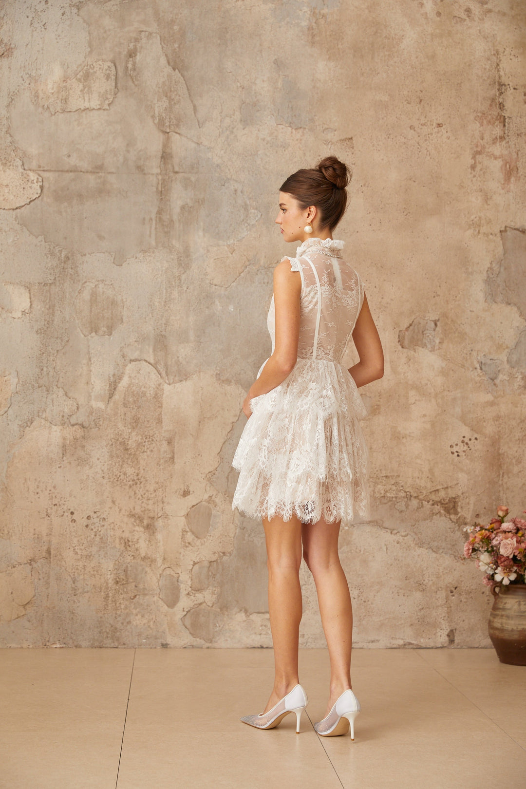 Thérèse white embellished floral-lace tiered mini dress - Celestia Couture