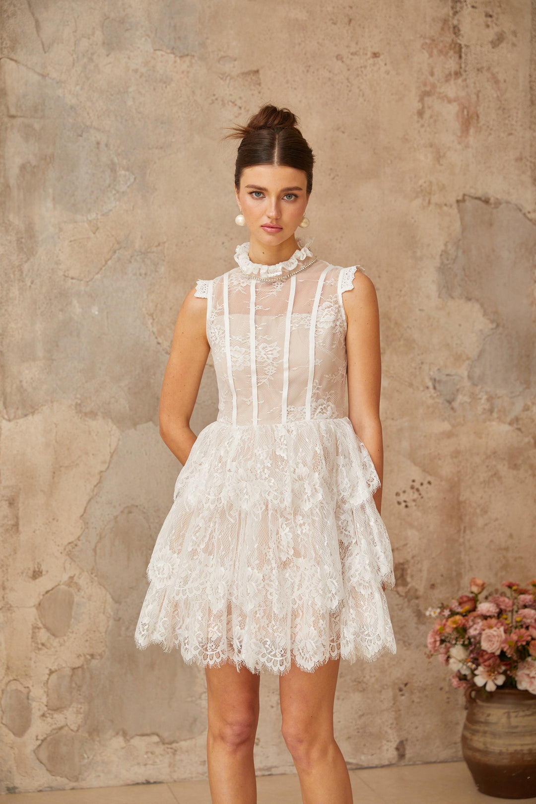 Thérèse white embellished floral-lace tiered mini dress - Celestia Couture