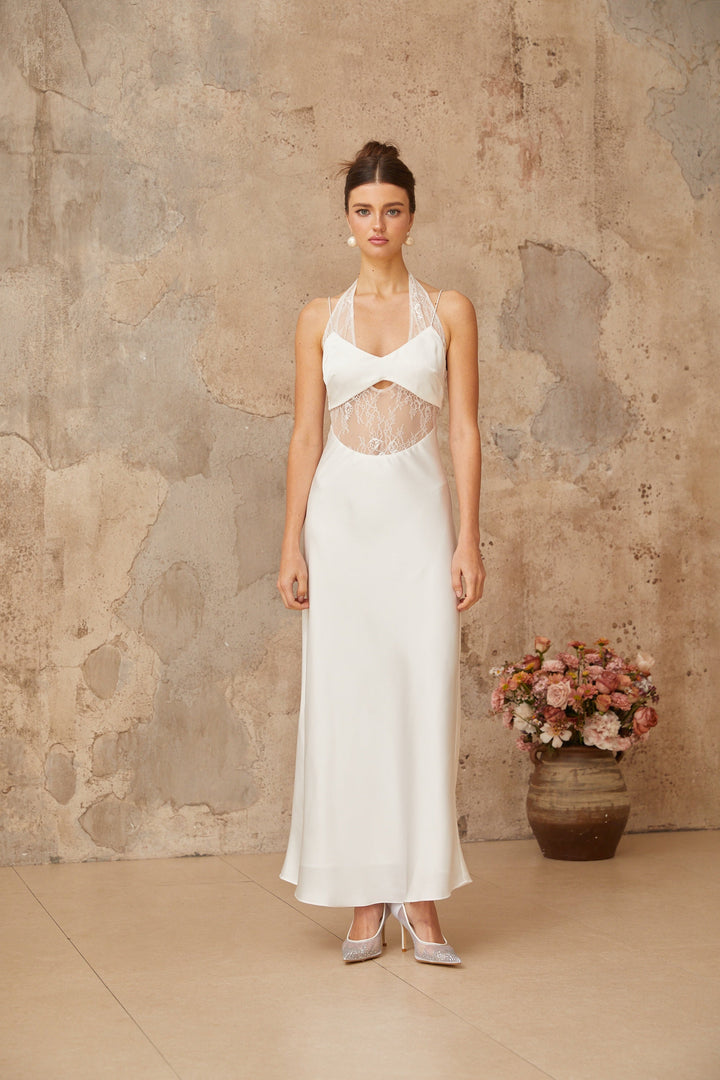 Blanche white lace-panel satin maxi dress - Celestia Couture