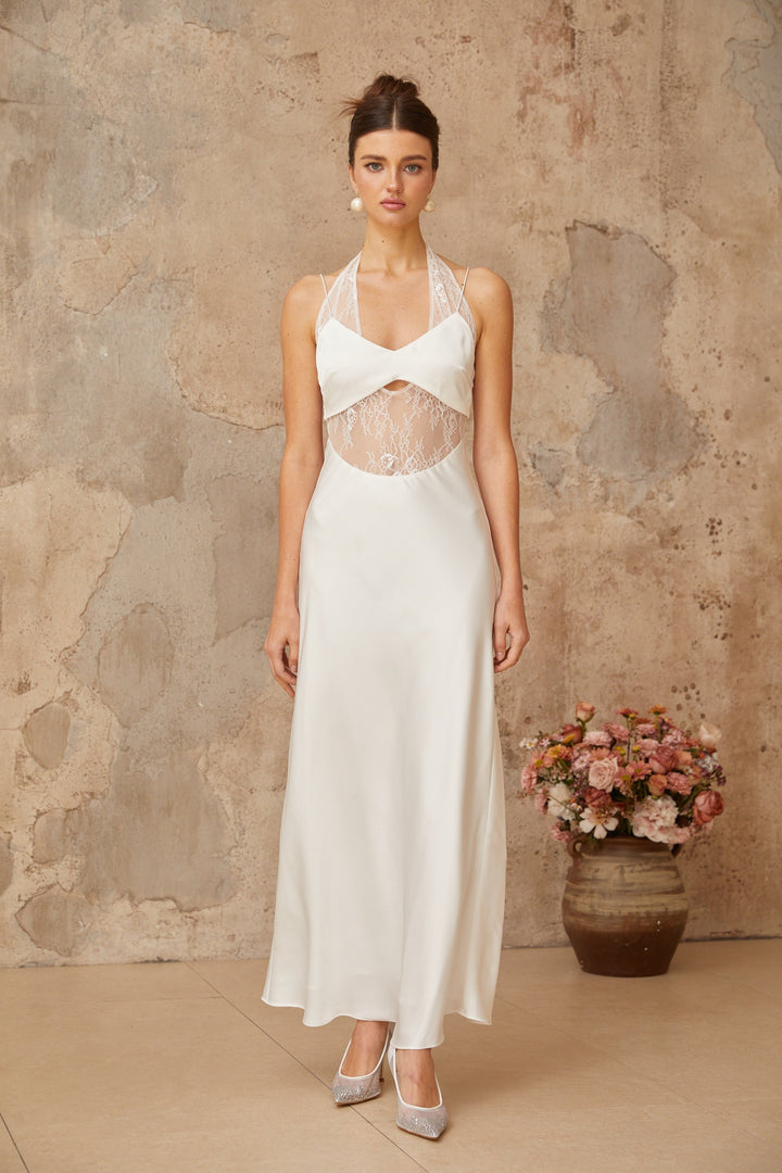 Blanche white lace-panel satin maxi dress - Celestia Couture