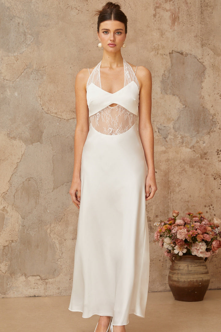 Blanche white lace-panel satin maxi dress - Celestia Couture
