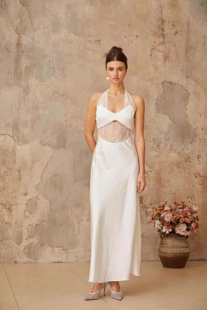 Blanche white lace-panel satin maxi dress - Celestia Couture