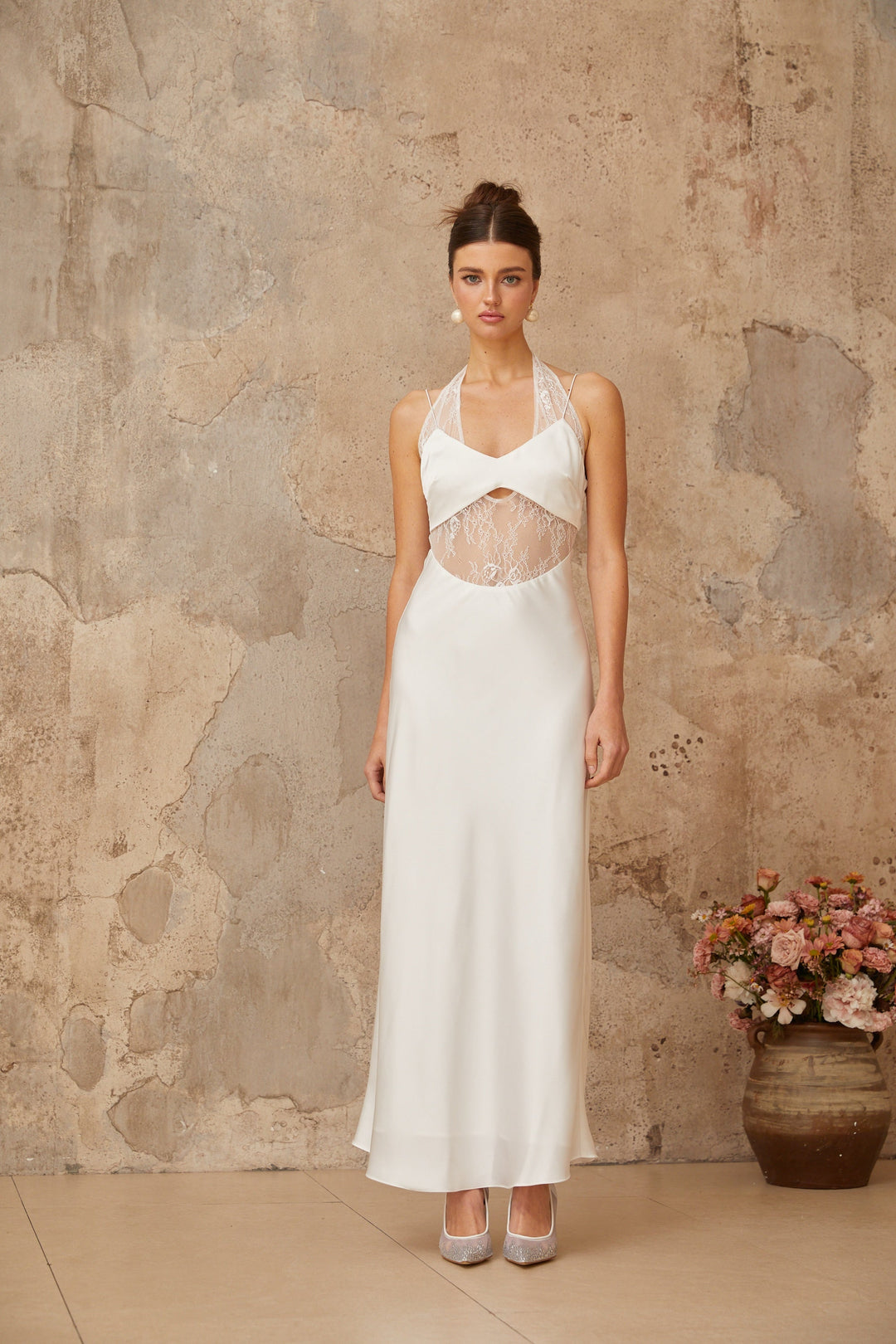 Blanche white lace-panel satin maxi dress - Celestia Couture