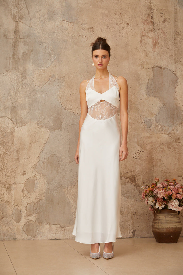 Blanche white lace-panel satin maxi dress - Celestia Couture