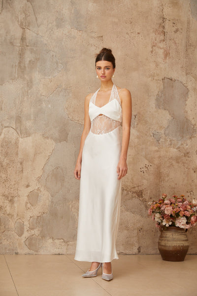 Blanche white lace-panel satin maxi dress