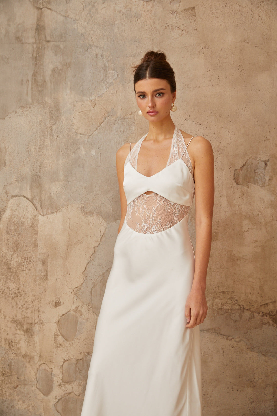 Blanche white lace-panel satin maxi dress - Celestia Couture