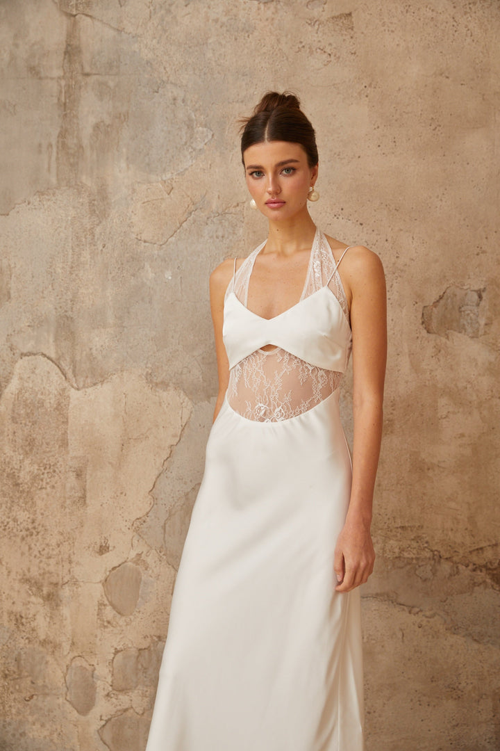 Blanche white lace-panel satin maxi dress - Celestia Couture